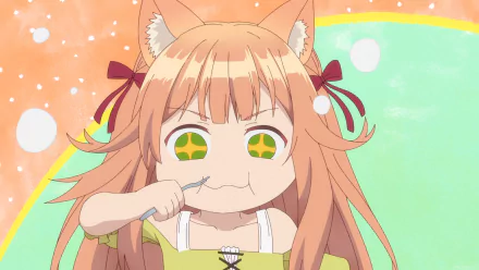 HD PC desktop wallpaper of Kanade (Beast Tamer): anime fox-eared girl with orange hair, ribbon bows and starry green eyes pouting while brushing her teeth against a pastel background.