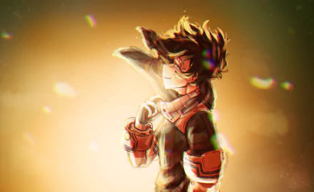 HD anime desktop wallpaper featuring Izuku Midoriya from My Hero Academia, depicted with dynamic lighting and a warm, glowing background.