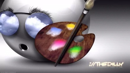 Funny smiley with reflective sunglasses holding a painter's palette and brush, bright paint dabs — HD PC desktop wallpaper background.