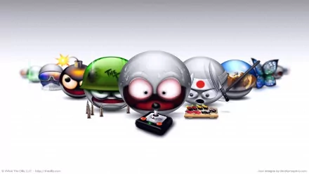 A lineup of funny, cartoonish smiley characters with expressive faces, designed as a vibrant HD PC desktop wallpaper and background.