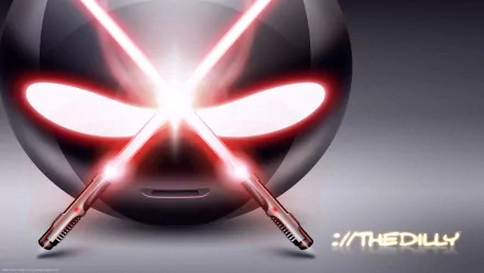 HD PC desktop wallpaper: funny dark smiley with glowing red eye slits created by two crossed lightsabers and a bright flare at the center.