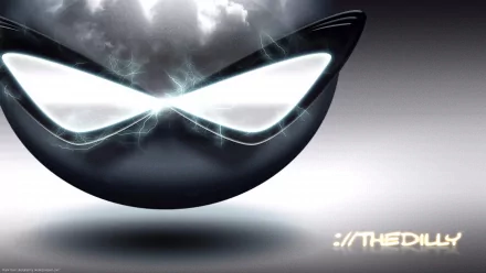 HD PC desktop wallpaper of a glossy dark smiley with glowing slanted eyes and faint electric sparks — a funny, edgy smiley background.