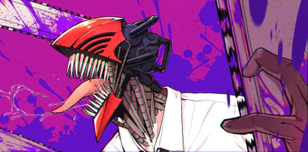 4K Ultra HD anime desktop wallpaper featuring Denji from Chainsaw Man in vibrant colors with his chainsaw head and menacing expression.