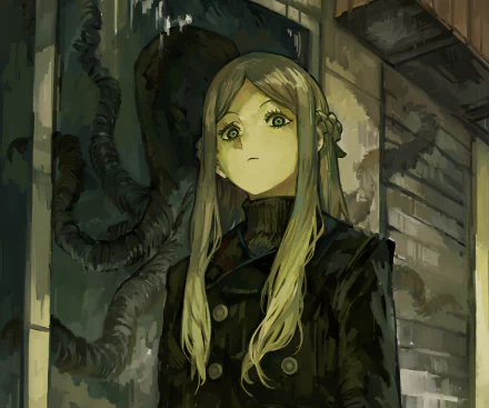 Michiru Ichijou (Mieruko-chan) in a dim, eerie corridor, pale face and haunted eyes as shadowy tendrils coil — 4K Ultra HD PC desktop wallpaper