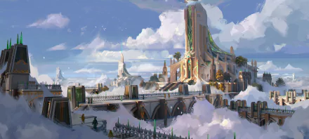 Fantasy cityscape rising above clouds with towering spires, ornate bridges and golden accents — 2K Quad HD PC desktop wallpaper/background.
