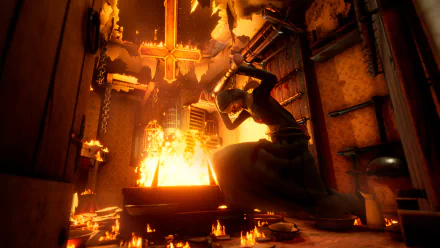 HD PC wallpaper and desktop background from the video game Evil Nun: The Broken Mask — a masked nun in a candlelit, burning chapel clutching a broken crucifix.