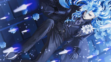 Idia Shroud from Twisted Wonderland — HD PC desktop wallpaper: floating in a moody blue scene with glowing roses, scattered shards, and flowing cyan hair.