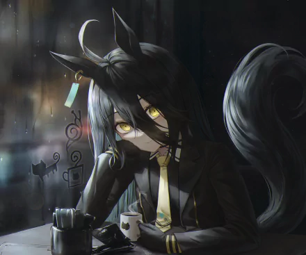 HD PC wallpaper of Manhattan Café (Uma Musume: Pretty Derby): moody anime portrait of a black-haired horse girl with ears, tail and golden eyes in a dim café setting.