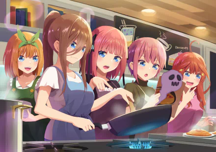 2K Quad HD wallpaper of The Quintessential Quintuplets: Itsuki, Ichika, Nino, Miku and Yotsuba Nakano cooking together in a bright kitchen, playful group shot.