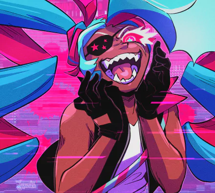 Twizzly Gummy Cookie from COOKIE RUN: KINGDOM — neon, ecstatic character with starry eye patch, jagged teeth and cyan-pink ribbons; 2K Quad HD PC desktop wallpaper/background.