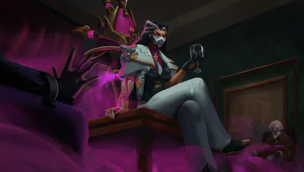 Renata Glasc (League of Legends) perched on a desk, emanating purple alchemical smoke as masked figures recoil — video game HD PC desktop wallpaper and background.