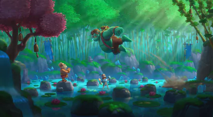 2K Quad HD PC desktop wallpaper background from the video game Clash Royale: vibrant bamboo-swamp scene with characters on lily-pad rocks and a leaping flying warrior beneath sunbeams.