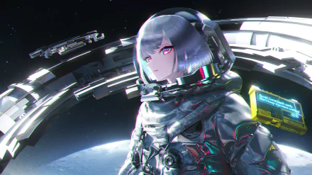 4K Ultra HD anime wallpaper of Lucy from Cyberpunk: Edgerunners, featuring her in a futuristic space suit with a cosmic background on a PC desktop.
