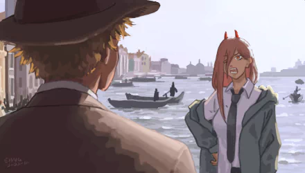 Power (Chainsaw Man) in anime 2K Quad HD PC desktop wallpaper: horned, tie-clad Power stands by a canal as a hat-wearing figure watches from the foreground.