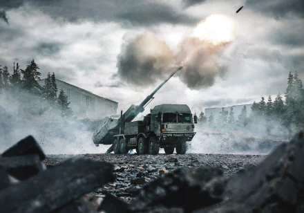 HD desktop wallpaper featuring self-propelled artillery firing amid a smoky, forested military landscape.