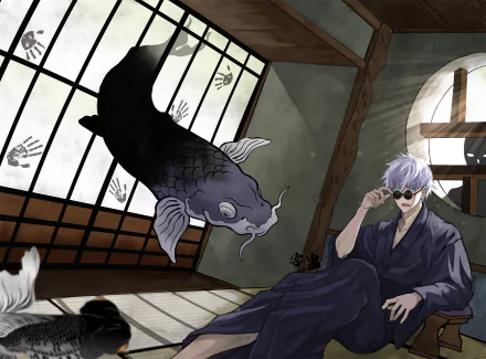 HD anime desktop wallpaper featuring Satoru Gojo from Jujutsu Kaisen, sitting relaxed indoors with a large koi fish floating near a traditional shoji window.