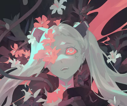 HD PC desktop wallpaper featuring Rebecca from the anime Cyberpunk: Edgerunners surrounded by vibrant pink flowers and dark, contrasting background elements.