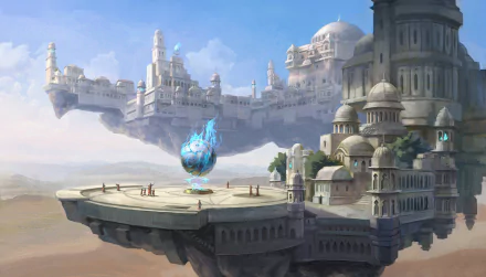 HD PC desktop wallpaper and background of a floating fantasy city: ornate domes and towers on suspended stone platforms, with a glowing blue crystal orb above a landing terrace.