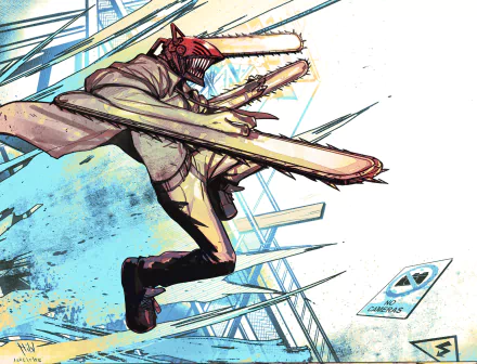 Denji from Chainsaw Man in dynamic action pose with chainsaw arms, rendered in vibrant anime style for a 4K Ultra HD PC desktop wallpaper.