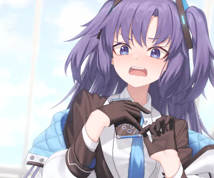 HD desktop wallpaper featuring Hayase Yuuka from the video game Blue Archive, showcasing her with long purple hair and a surprised expression.