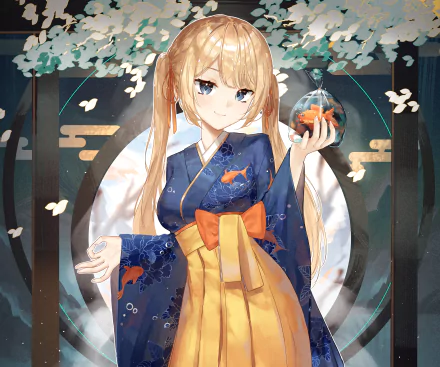 Watson Amelia (hololive) anime Virtual YouTuber in a blue-and-gold kimono with goldfish motifs, holding a glass bowl of goldfish amid falling petals and butterflies — 5K Ultra HD PC desktop wallpaper