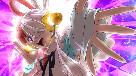 Vibrant HD PC desktop wallpaper featuring Uta from One Piece with dynamic pose and glowing headphones against a vivid purple background.