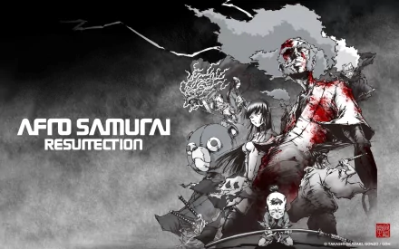 HD desktop wallpaper featuring Okiku and Kuma from Afro Samurai, showcasing a dramatic and stylized illustration with a dark, moody atmosphere. Text reads AFRO SAMURAI RESURRECTION.