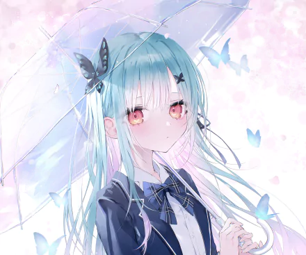 Uruha Rushia (hololive) anime virtual YouTuber: pastel blue–haired girl with pink eyes, butterflies and soft pink bokeh — 2K Quad HD PC desktop wallpaper