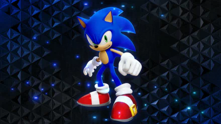 HD PC desktop wallpaper featuring Sonic the Hedgehog from the video game Sonic Frontiers, set against a dark textured background with blue glowing accents.