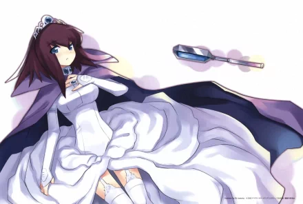 HD anime desktop wallpaper featuring a character from The Familiar of Zero in a flowing white dress and dark cape, with a floating staff nearby.