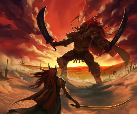 HD PC desktop wallpaper from the video game Elden Ring, featuring an intense battle scene between Starscourge Radahn and Malenia, Blade of Miquella at sunset.