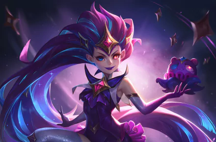 Zoe (League of Legends) in vibrant cosmic attire, grinning as she conjures a glowing star — colorful HD PC desktop wallpaper/background from the video game.