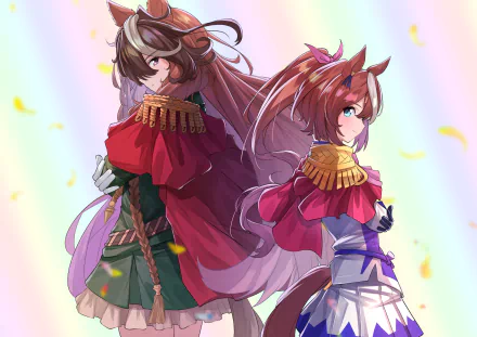 Tokai Teio and Symboli Rudolf from Uma Musume: Pretty Derby pose back-to-back in a vibrant 2K Quad HD anime desktop wallpaper, wearing regal capes as petals drift around them.
