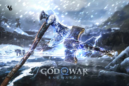 HD PC desktop wallpaper showcasing a detailed icy axe from the video game God of War: Ragnarök in a snowy, stormy landscape.