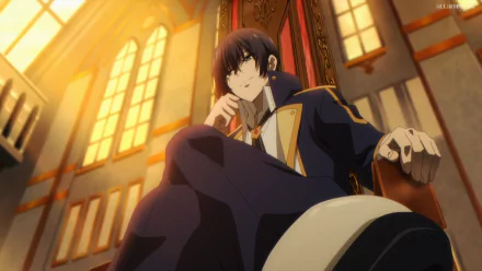 HD PC desktop wallpaper of Cid Kagenou from The Eminence in Shadow, seated on a throne in a sunlit hall, dark uniform, smirking confidently.