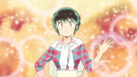 Lum from Urusei Yatsura (2022) smiling against a sparkling orange-pink bokeh sky — HD anime PC desktop wallpaper.