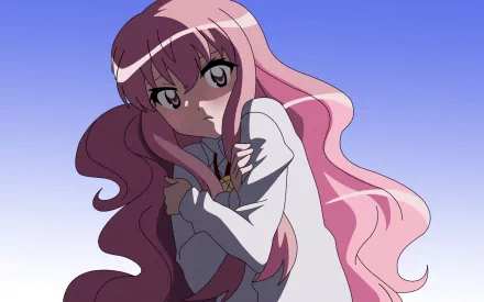 HD anime desktop wallpaper featuring a character with long pink hair from The Familiar of Zero series against a clear blue sky background.