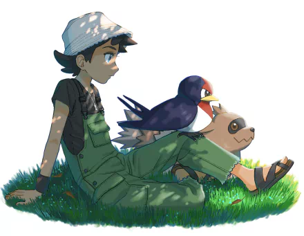 HD PC desktop wallpaper/background of Goh (Pokémon) — anime-style scene of him sitting on grass in green overalls with two Pokémon perched on his legs.