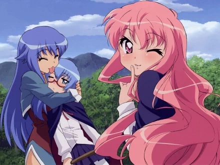 An HD wallpaper from the anime Zero no Tsukaima, featuring three characters in a playful outdoor scene, showcasing their vibrant expressions and unique hairstyles.