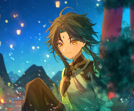HD PC desktop wallpaper of Xiao from the video game Genshin Impact: a radiant portrait against a teal night sky with floating, glowing lanterns.