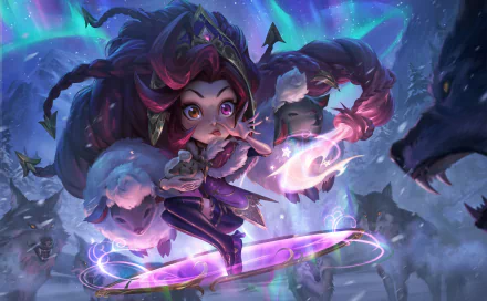 Zoe from League of Legends casts a glowing spell in a vibrant aurora-lit landscape, rendered in detailed 4K Ultra HD for a striking video game desktop wallpaper.