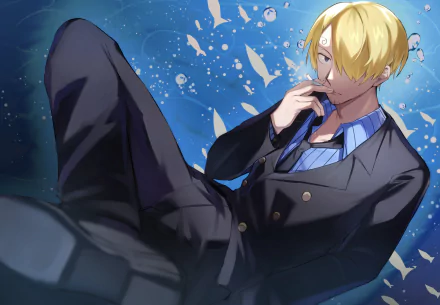 Sanji (One Piece) in a tailored suit, reclining against a blue, spark-filled background — Anime One Piece 2K Quad HD PC desktop wallpaper.