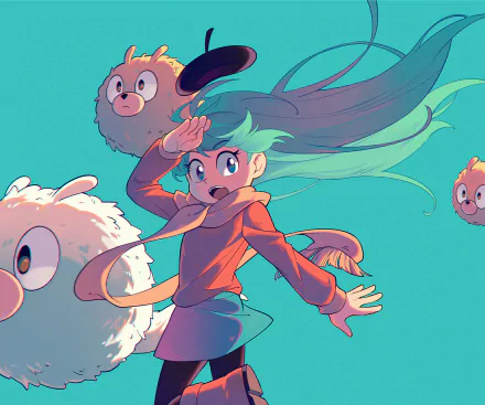 HD PC desktop wallpaper featuring Hilda from the TV show, surrounded by whimsical forest creatures against a blue-green background.