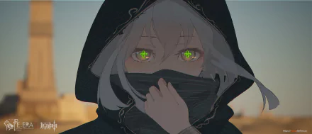 HD PC wallpaper featuring Nahida from the video game Genshin Impact, showcasing her with glowing eyes and a dark hooded cloak background.