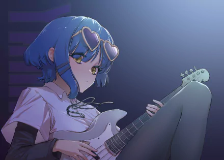 HD PC desktop wallpaper featuring Ryou Yamada from Bocchi the Rock! playing an electric guitar under soft blue lighting.