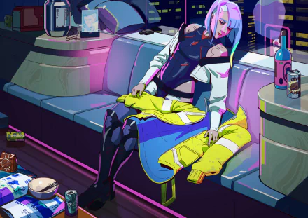 HD anime wallpaper featuring Lucy from Cyberpunk: Edgerunners sitting on a futuristic couch in a neon-lit setting, capturing the cyberpunk aesthetic.