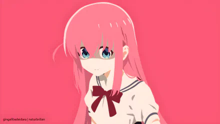 Minimalist vector art of Hitori Gotou from Bocchi the Rock!, featuring vibrant pink background and detailed anime-style design, crafted for 4K Ultra HD PC desktop wallpaper.