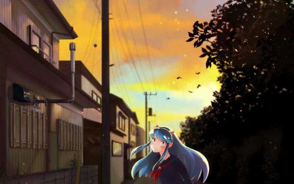 Lum (Urusei Yatsura) anime HD PC wallpaper: Lum with blue hair in a sunset-lit residential street, birds and silhouetted trees — Urusei Yatsura (2022) background