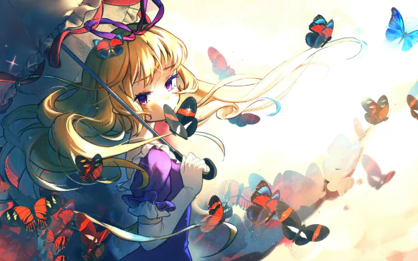 Yukari Yakumo from Touhou in a vibrant anime style, displayed as an HD wallpaper for a desktop background.