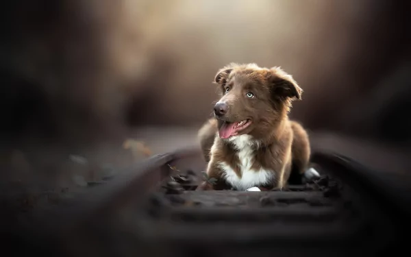 HD PC desktop wallpaper background showing an animal, dog — a brown puppy resting on railway tracks amid soft, dreamy bokeh lighting.